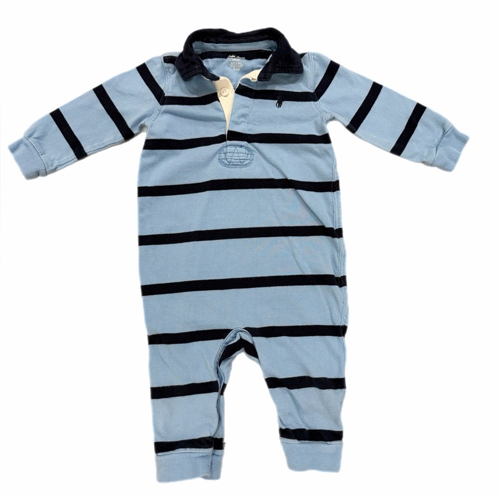Ralph Lauren Navy Blue and Light Blue Striped Onesie - Size 9m